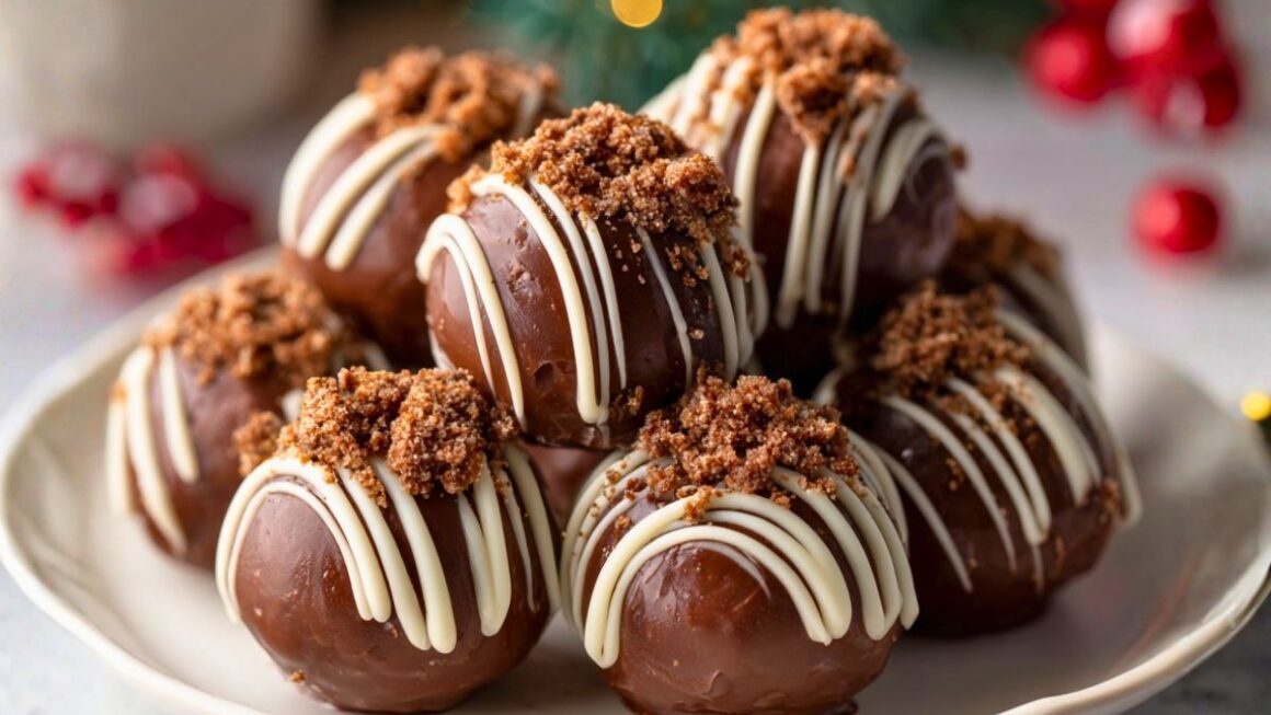 No-bake Tim Tam cheesecake balls coated in chocolate with festive sprinkles