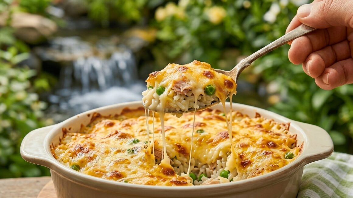 A bubbling ceramic baking dish filled with creamy Tuna Mornay Rice Bake, topped with melted golden tasty cheese and breadcrumbs.