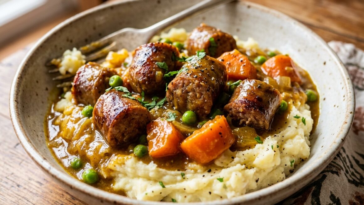Thick browned Australian sausages sliced into chunks and simmered in a rich, glossy golden curry gravy with carrots and peas, served over mashed potato.